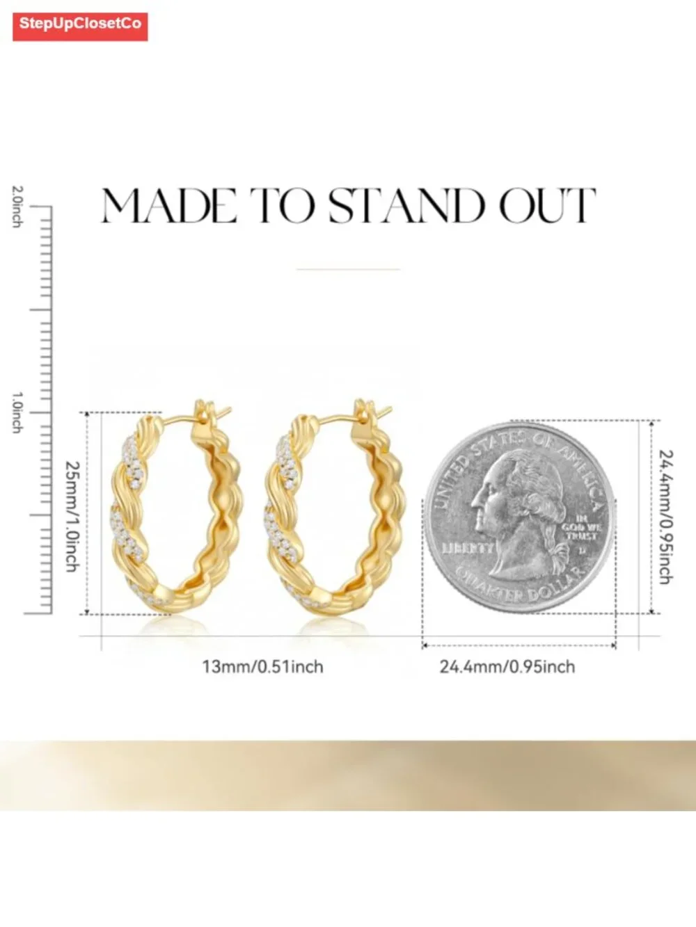 14k Gold Plated Twisted Huggie Hoop Earrings for Women with Cubic Zirconia 25mm